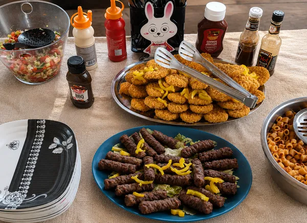 Warmes Mittagsbuffet an Bord mit Fleischspießen, paniertem Hähnchen, Salat und Nudeln